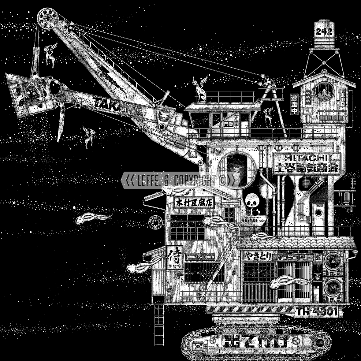 Dreaming Demons: Hitachi Excavator, Japanese Pagoda Giclée print by Leffe Goldstein. アートプリント。